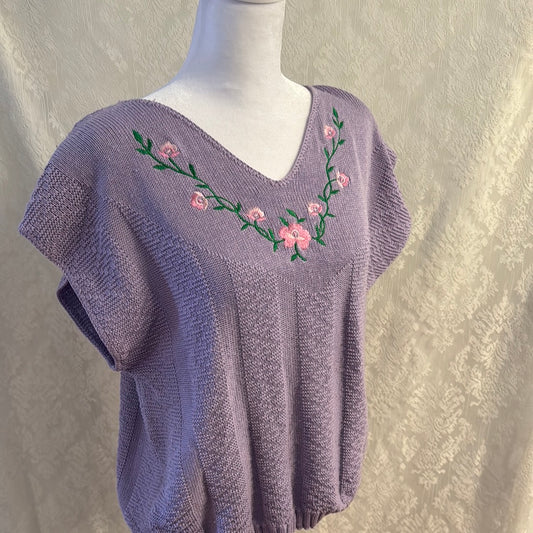 Vintage Women’s Floral Short Sleeve Sweater Size L