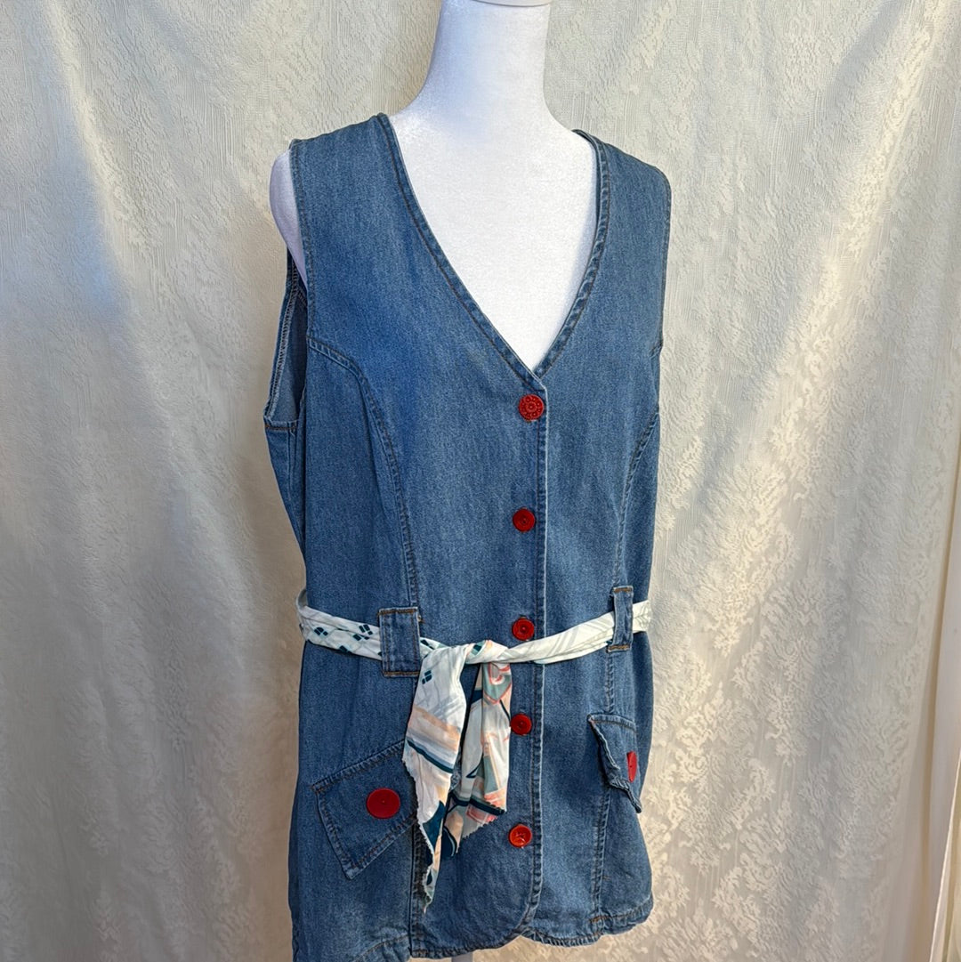 Vintage Women’s Pottery Denim Sleeveless Button Up Size L